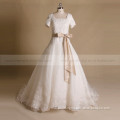 Graceful classical beauty style A-line square neck lace and beads satin wedding dress with short sleeve